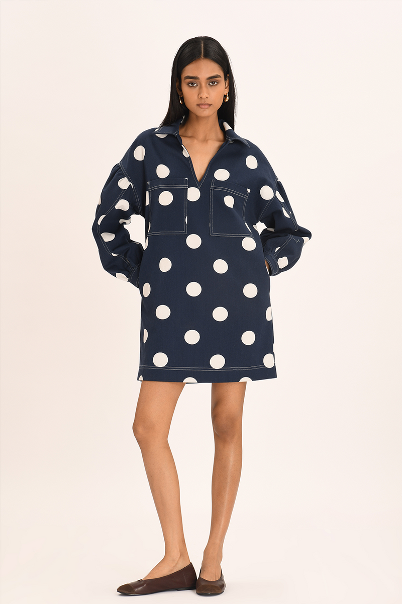 Mathy Dress - Navy Polka